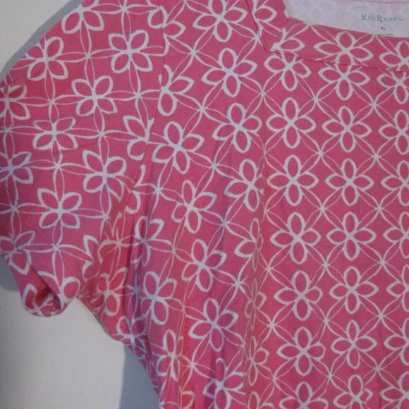 * Kim Rogers Casual Blouse XL Pink White Flowers Stretch - Picture 3 of 3